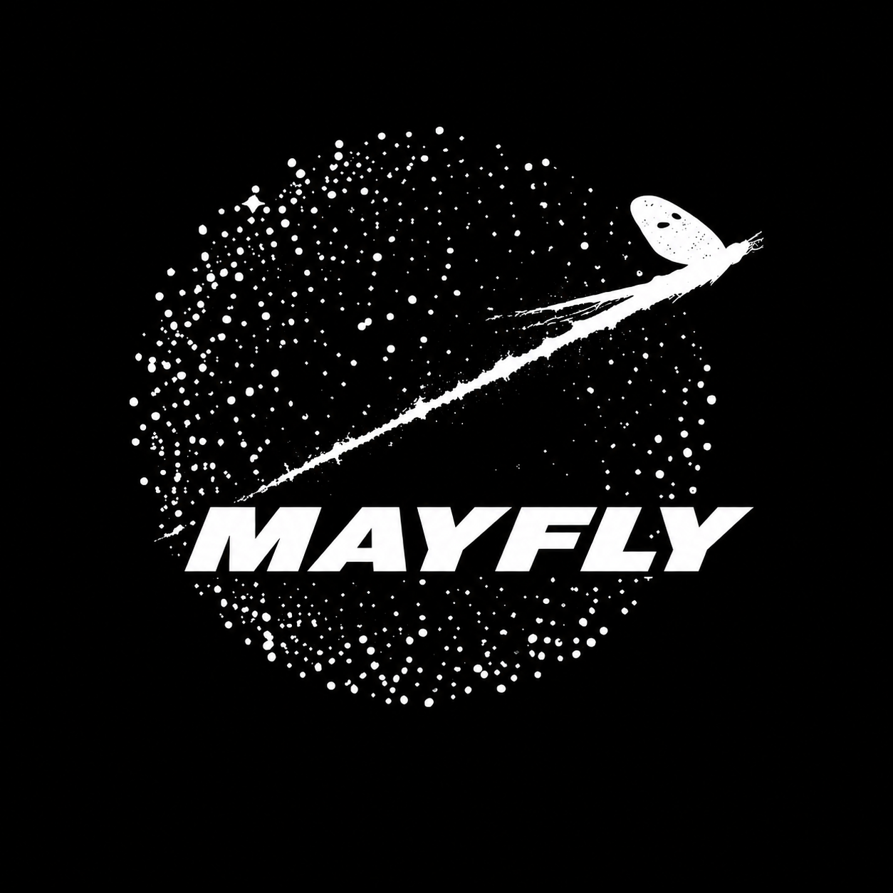 mayfly logo: a winged mark and constellation on black
